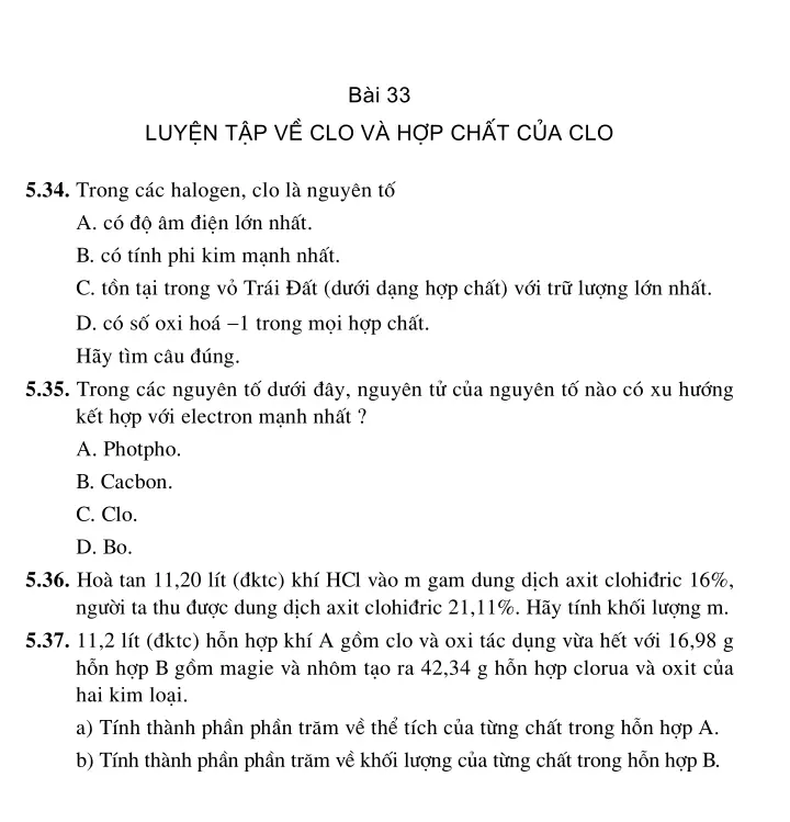 Bài 33: Luyện tập về clo và hợp chất của clo