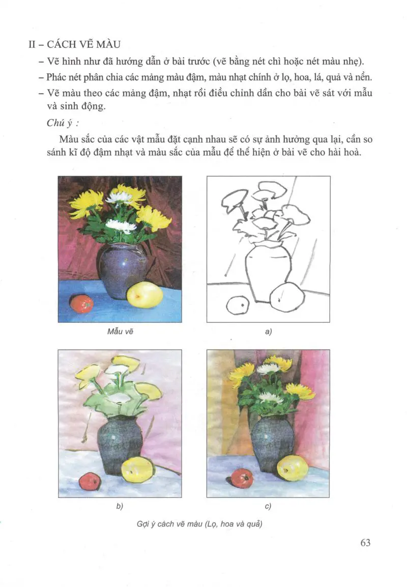 Bài 3 Vẽ theo mẫu Tĩnh vật (Lọ, hoa và quả - Vẽ màu)