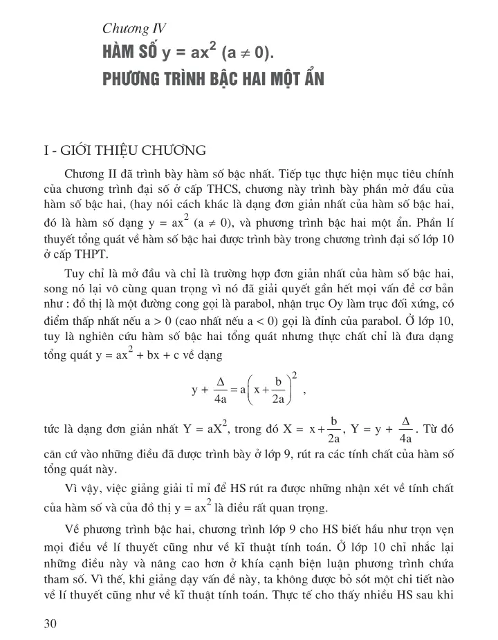 Chương IV – Hàm số y = ax (a + 0) - Phương trình bậc hai một ẩn