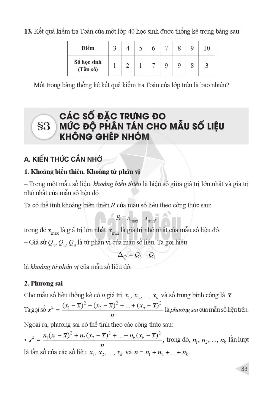 §3. Các số đặc trưng đo mức độ phân tán cho mẫu số liệu không ghép nhóm