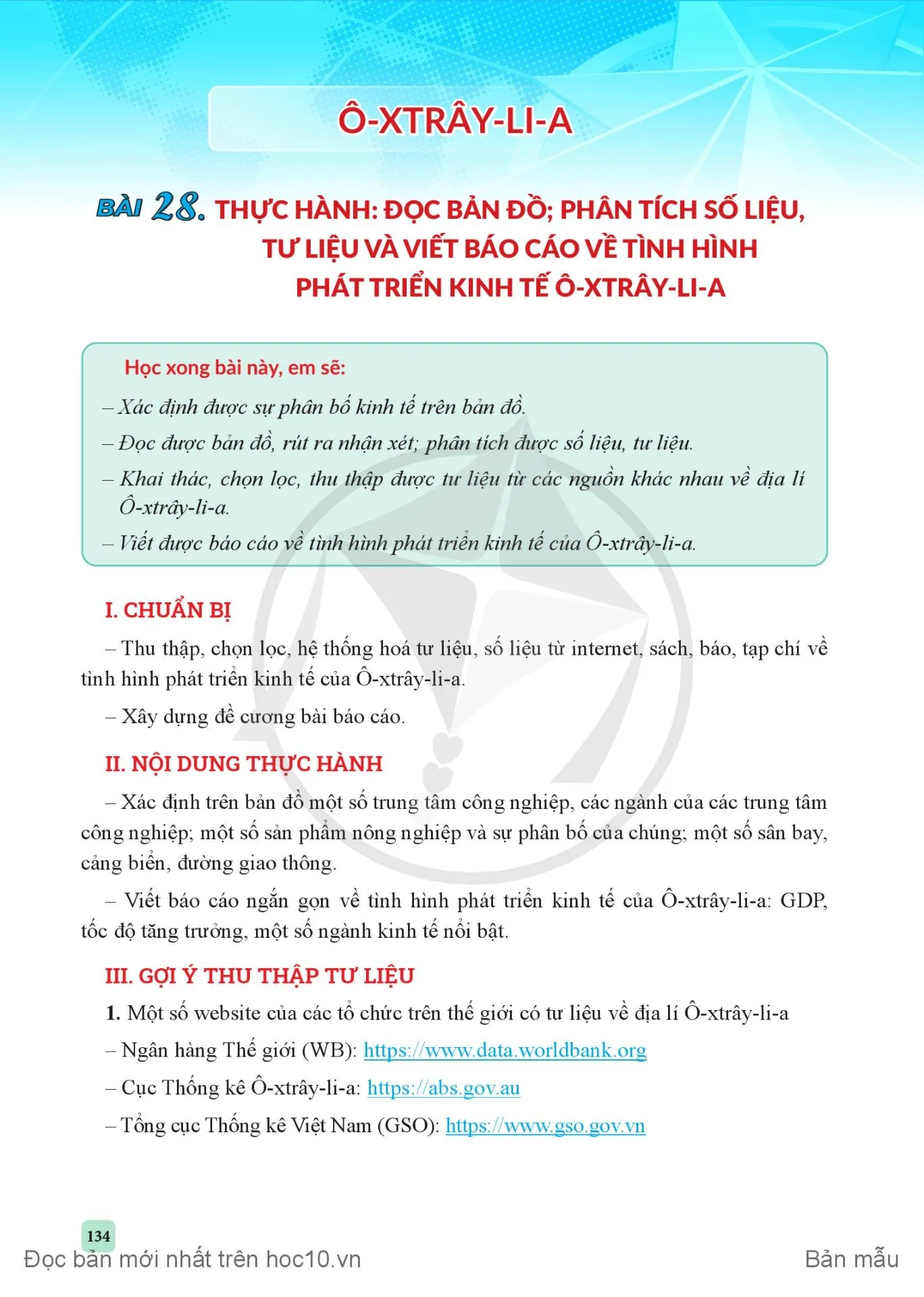 Bài 28. Thực hành: Đọc bản đồ; phân tích số liệu, tư liệu và viết báo cáo về tình hình phát triển kinh tế Ô-xtrây-li-a