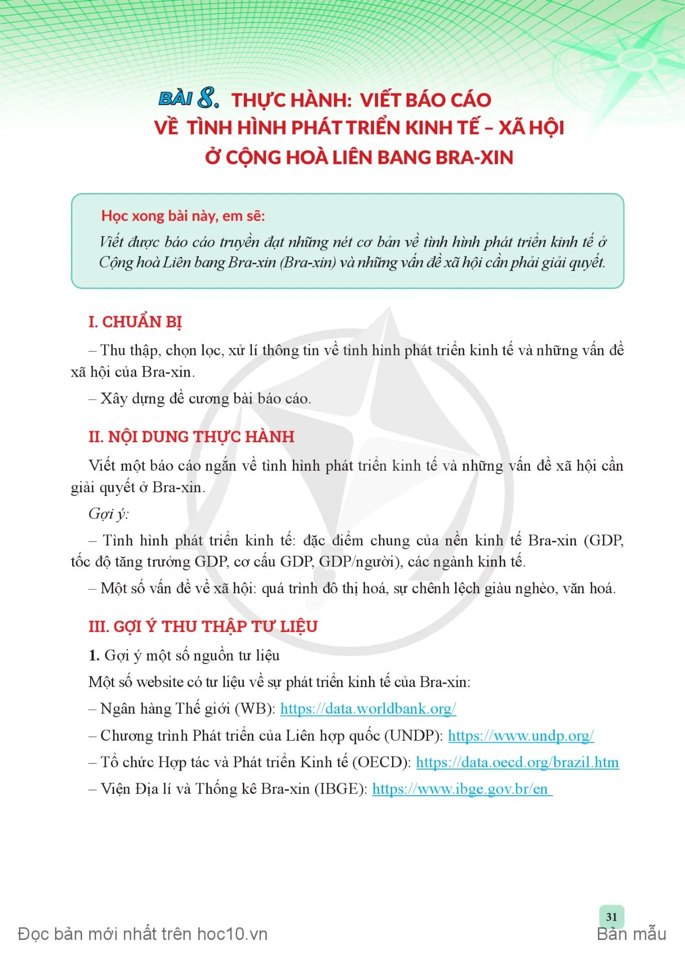 Bài 8. Thực hành: Viết báo cáo về tình hình phát triển kinh tế – xã hội ở Cộng hoà Liên bang Bra-xin