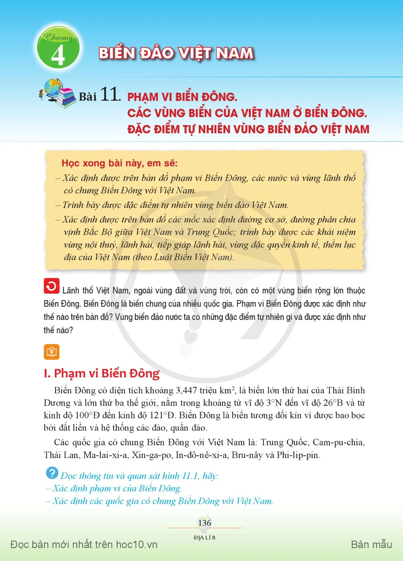 Bài 11. Phạm vi Biển Đông. Các vùng biển của Việt Nam ở Biển Đông. Đặc điểm tự nhiên vùng biển đảo Việt Nam