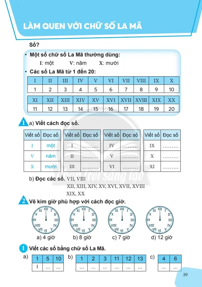 Làm quen với chữ số La Mã.