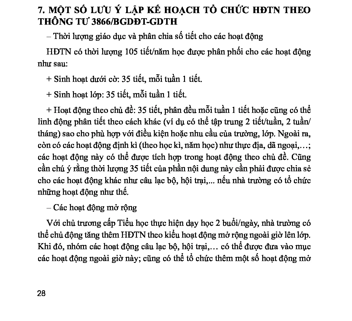 7. Một số lưu ý lập kế hoạch tổ chức hoạt động trải nghiệm theo Thông tư 3866/BGDĐT-GDTH