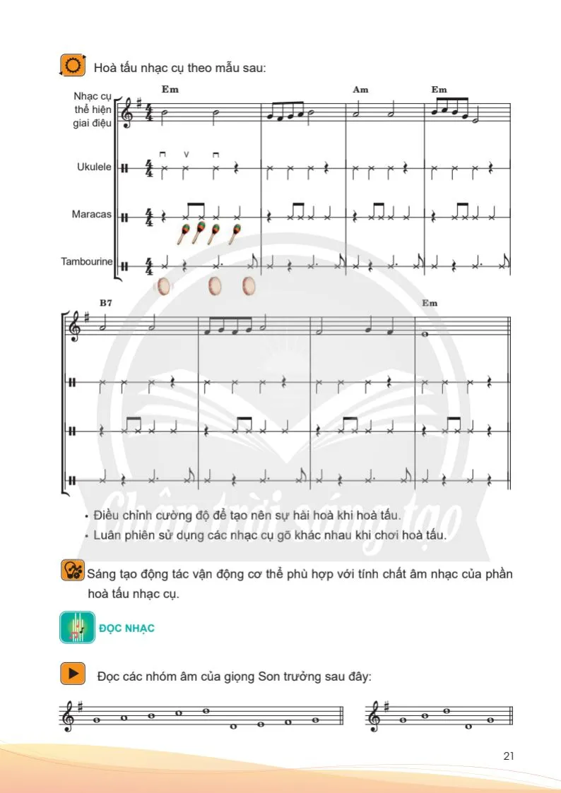 Nhạc cụ: Nhạc cụ thể hiện tiết tấu, giai điệu, hoà âm của chủ đề 2 