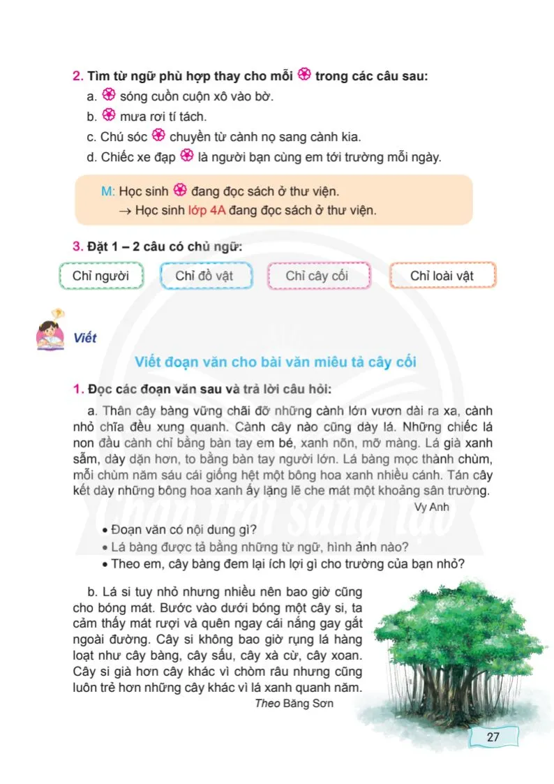Viết: Viết đoạn văn cho bài văn miêu tả cây cối