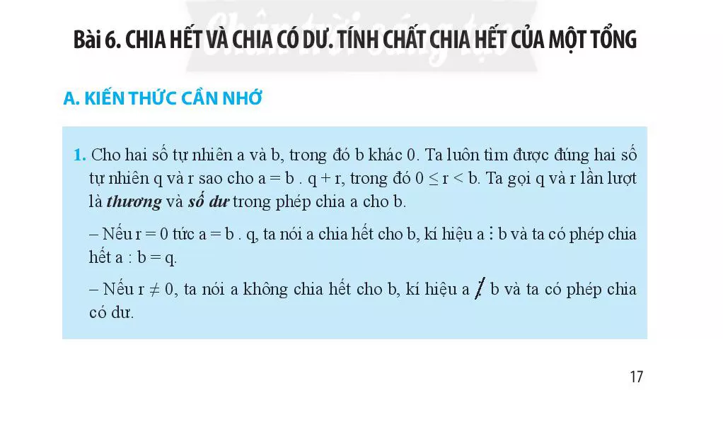 Bài 6. Chia hết và chia có dư. Tính chất chia hết của một tổng 