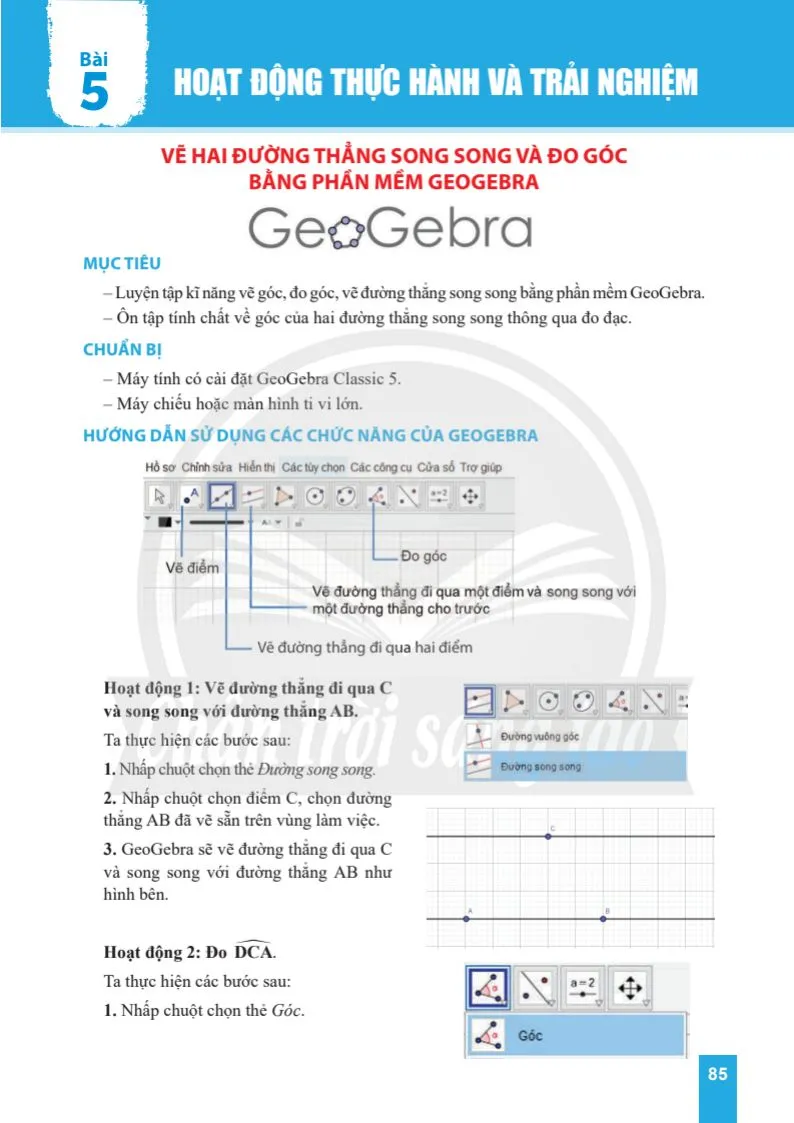 Bài 5. Hoạt động thực hành và trải nghiệm: Vẽ hai đường thẳng song song và đo góc bằng phần mềm GeoGebra