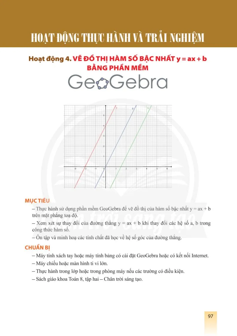 Hoạt động 4. Vẽ đồ thị hàm số bậc nhất y = ax + b bằng phần mềm GeoGebra 