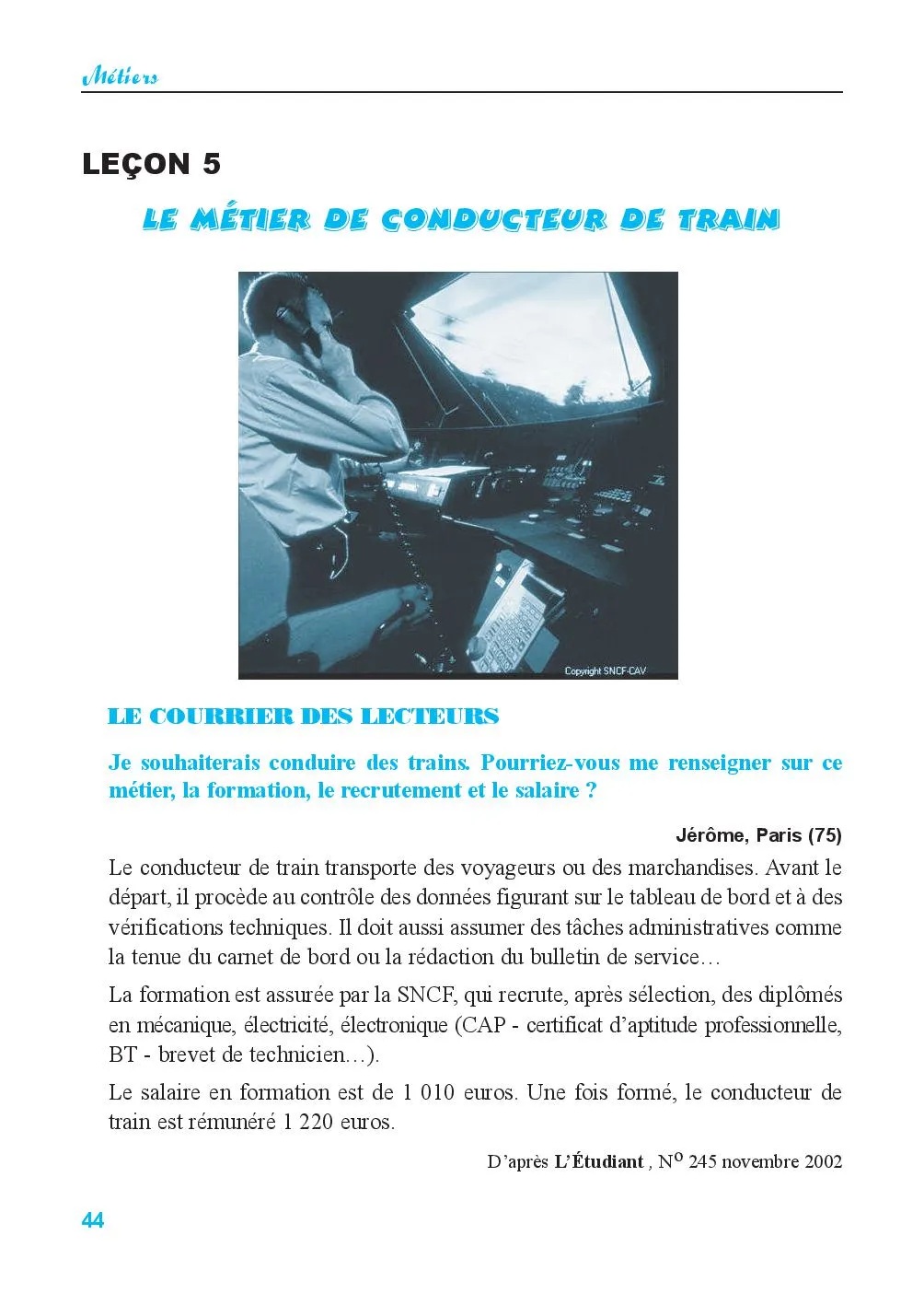 Leçon 5 Le métier de conducteur de train.
