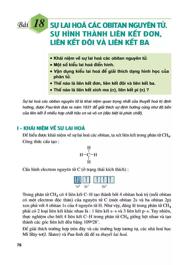 Bài 18 Sự lai hoá các obitan nguyên tử. Sự hình thành liên kết đơn, liên kết đôi và liên kết ba