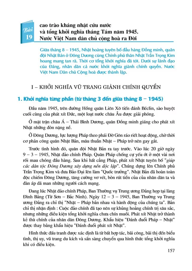 Bài 19. Cao trào kháng Nhật cứu nước và Tổng khởi nghĩa tháng Tám năm 1945. Nước Việt Nam Dân chủ Cộng hoà ra đời