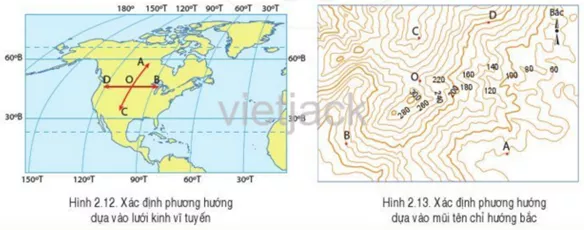 Quan sát hình 2.12 và hình 2.13, hãy cho biết các hướng của OA, OB, OC Cau Hoi Trang 112 Dia Li Lop 6 Canh Dieu