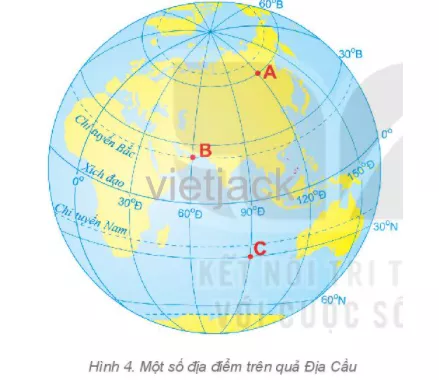 Xác định tọa độ địa lí của các điểm A, B, C trên hình 4 Cau Hoi 2 Trang 103 Dia Li Lop 6 Ket Noi Tri Thuc