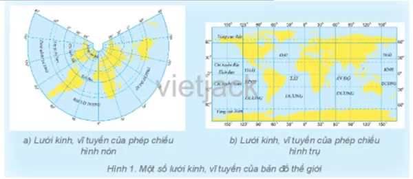 Quan sát hình 1, em hãy nêu đặc điểm hình dạng lưới kinh, vĩ tuyến ở mỗi bản đồ Cau Hoi 2 Trang 105 Dia Li Lop 6 Ket Noi Tri Thuc