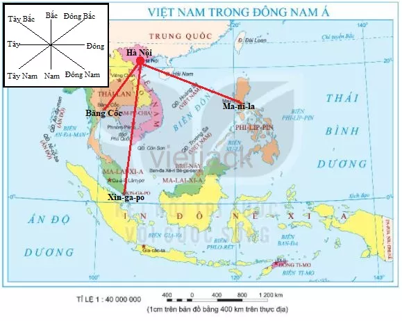 em hãy xác định hướng đi từ Hà Nội đến các địa điểm: Băng Cốc, Ma-ni-la, Xin-ga-po Cau Hoi 3 Trang 105 1 Dia Li Lop 6 Ket Noi Tri Thuc