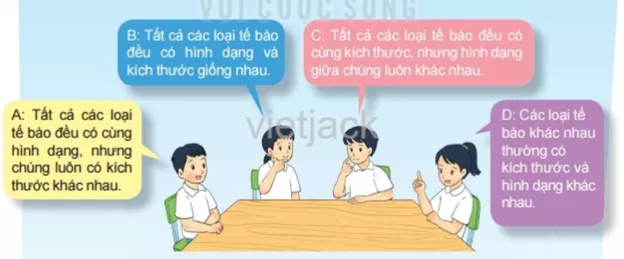 Khi thảo luận về kích thước và hình dạng tế bào, bốn bạn học sinh có ý kiến như sau Hoat Dong 1 Trang 65 Bai 18 Khoa Hoc Tu Nhien Lop 6 Ket Noi 1