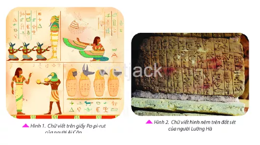 Dưới đây là những hình ảnh mô tả chữ viết của người Ai Cập và Lưỡng Hà cổ đại Cau Hoi Mo Dau Trang 29 Bai 7 Lich Su Lop 6 Ket Noi Tri Thuc 1