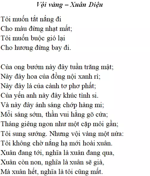 Bài thơ Vội vàng (Xuân Diệu) - nội dung, dàn ý phân tích, bố cục, tác giả | Ngữ văn lớp 11 Voi Vang