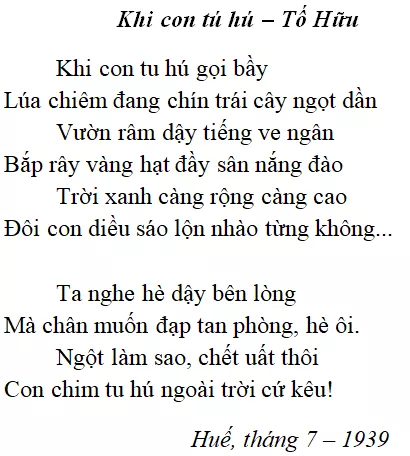 Bài thơ Khi con tu hú (Tố Hữu) - nội dung, dàn ý, giá trị, tác giả | Ngữ văn lớp 8 Khi Con Tu Hu