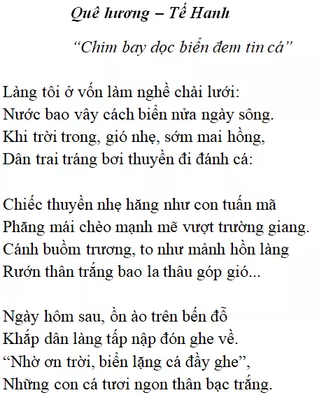 Bài thơ Quê hương (Tế Hanh) - nội dung, dàn ý, giá trị, tác giả | Ngữ văn lớp 8 Que Huong