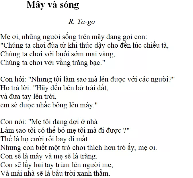 Bài thơ: Mây và sóng (R. Ta-go): nội dung, dàn ý, bố cục, tác giả | Ngữ văn lớp 9 May Va Song