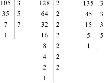 Tìm ước chung lớn nhất của từng cặp số trong ba số sau đây: a) 31, 22, 34; b) 105, 128, 135 Bai 3 Trang 51 Toan Lop 6 Tap 1 Canh Dieu 1