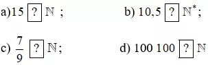 Chọn kí hiệu thuộc (∈) hoặc không thuộc (∉) thay cho mỗi ? Bai 1 Trang 12 Toan Lop 6 Tap 1 Chan Troi