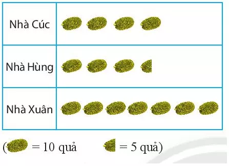 Số quả mít trong vườn nhà các bạn Cúc, Hùng và Xuân được cho bởi biểu đồ Bai 1 Trang 120 Toan Lop 6 Tap 1 Chan Troi