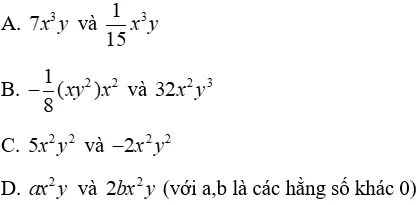 Trắc nghiệm Đơn thức đồng dạng Trac Nghiem Don Thuc Dong Dang A03