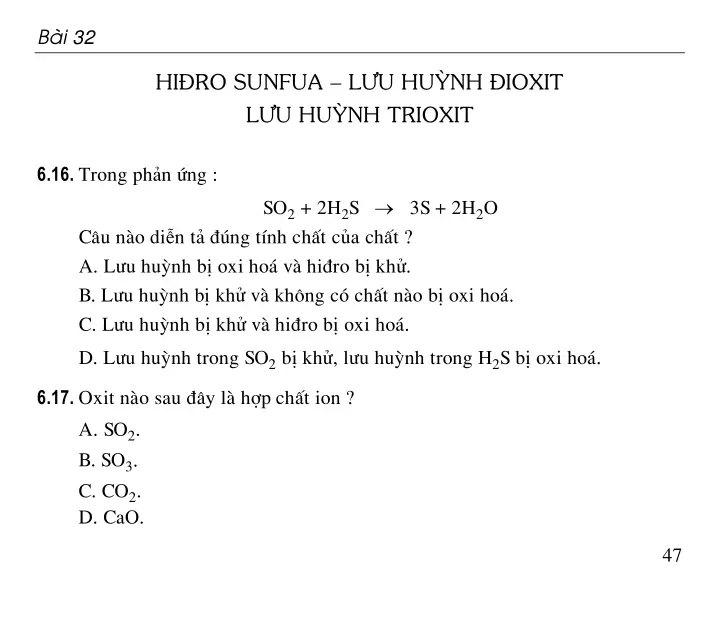 Bài 32: Hiđro sunfua - Lưu huỳnh đioxit - Lưu huỳnh trioxit
