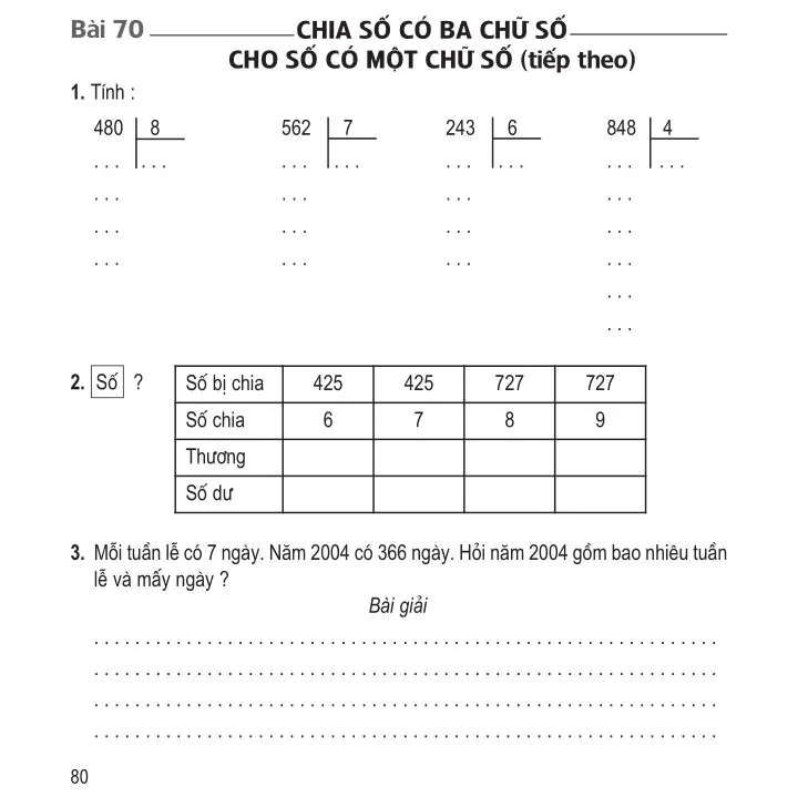 Bài 70: Chia số có ba chữ số cho số có một chữ số (tiếp theo)