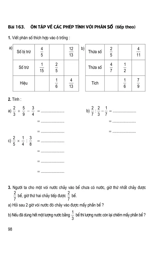 Bài 163: Ôn tập về các phép tính với phân số (Tiếp theo)