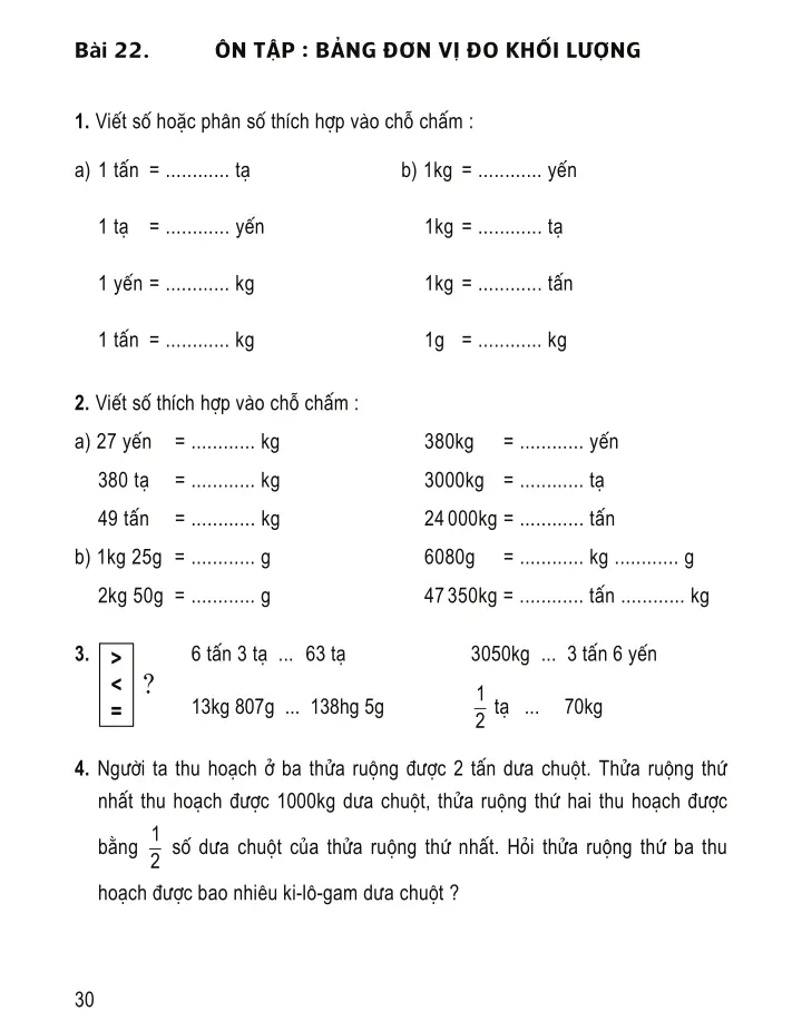 Bài 22: Ôn tập bảng đơn vị đo khối lượng