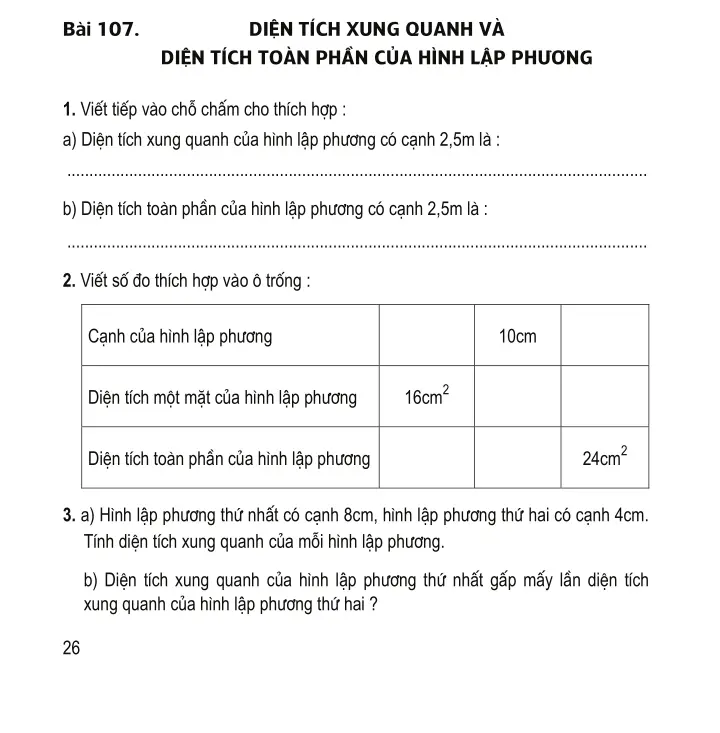 Bài 107: Diện tích xung quanh và diện tích toàn phần của hình lập phương