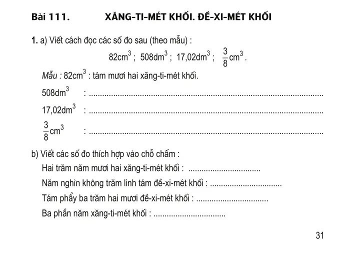 Bài 111: Xăng-ti-mét khối. Đề-xi-mét khối