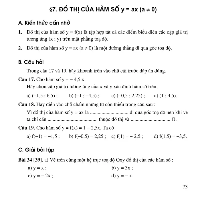 Bài 7: Đồ thị của hàm số y = ax (a ≠ 0)