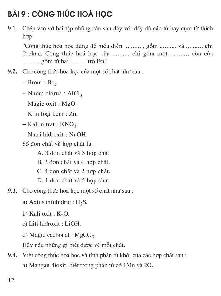 Bài 9: Công thức hóa học