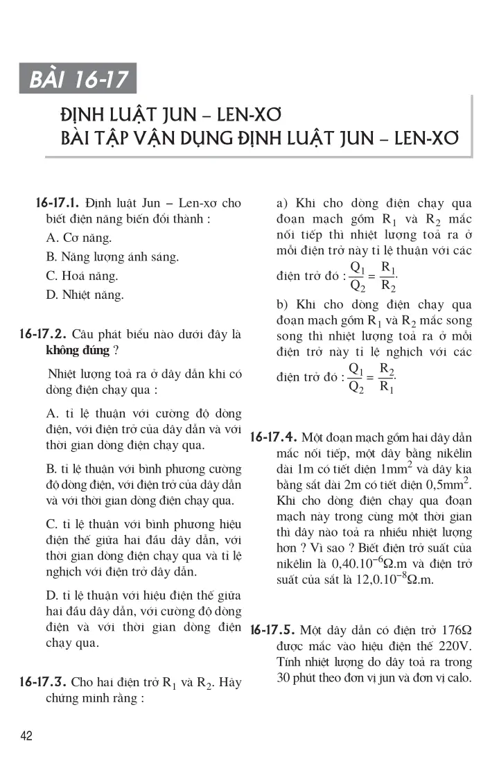 Bài 16 – 17: Định luật Jun – Len-xơ. Bài tập vận dụng định luật Jun – Len-xơ