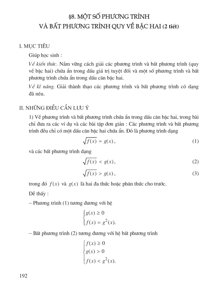 $8. Một số phương trình và bất phương trình quy về bậc hai (2 tiết)