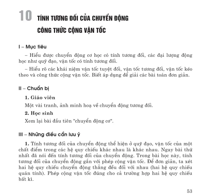 10. Tính tương đối của chuyển động. Công thức công vận tốc