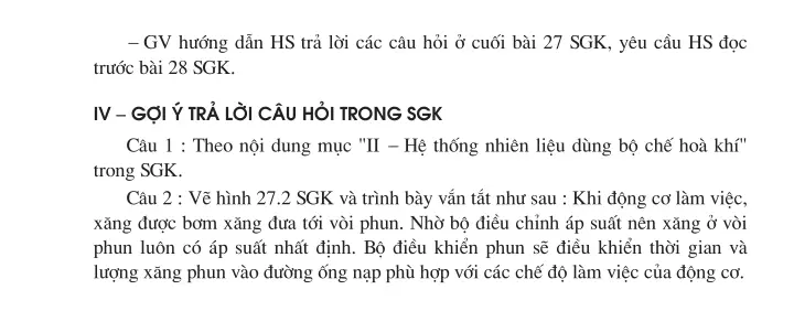 Bài 27. Hệ thống cung cấp nhiên liệu và không khí trong động cơ xăng (1 tiết)