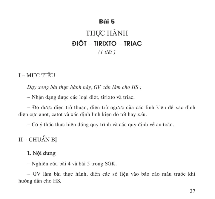 Bài 5. Thực hành – Điệt – Tirixto – Triac (1 tiết)