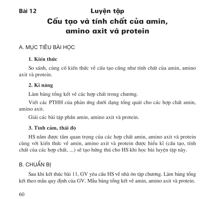 Bài 12. Luyện tập : Cấu tạo và tính chất của amin, amino axit và protein