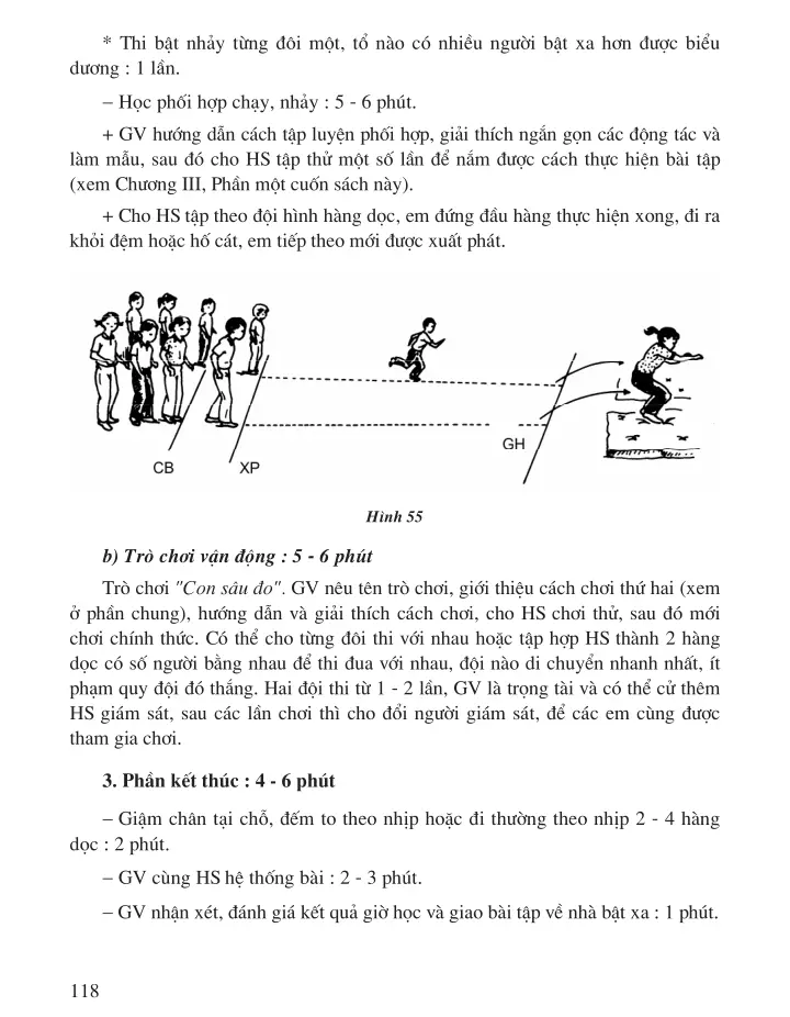 Bài 46: Bật xa và tập phối hợp chạy, nhảy - Trò chơi "Con sâu đo"