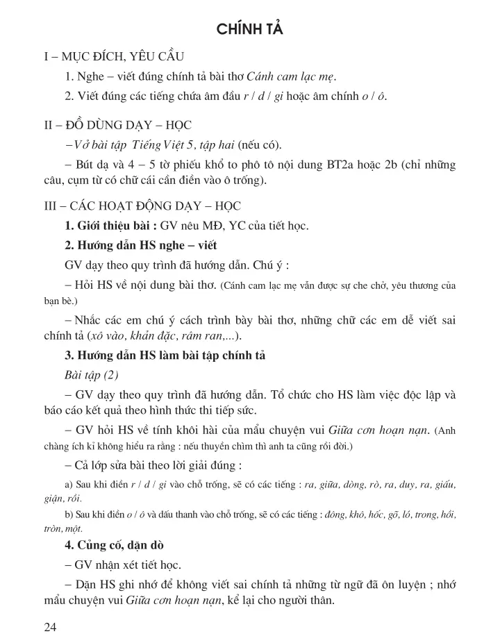 Chính tả: Nghe - viết: Cánh cam lạc mẹ. Phân biệt âm đầu r/d/gi ; âm chính o/ô