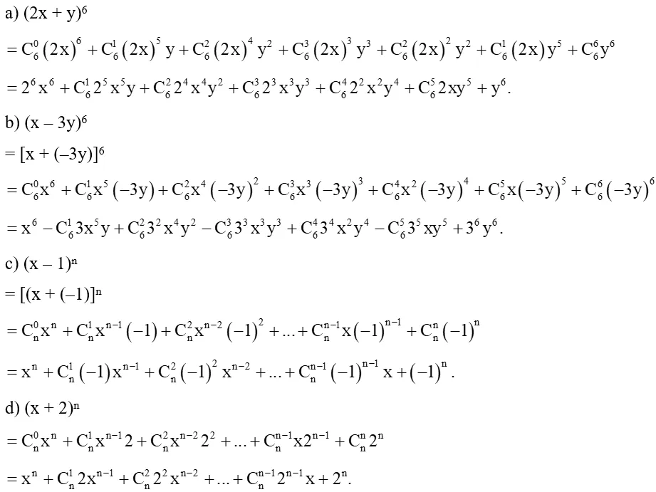 Khai triển các biểu thức sau (2x + y)^6; (x - 3y)^6 (ảnh 1) Bai 1 Trang 37 Chuyen De Toan 10 Cd 136352