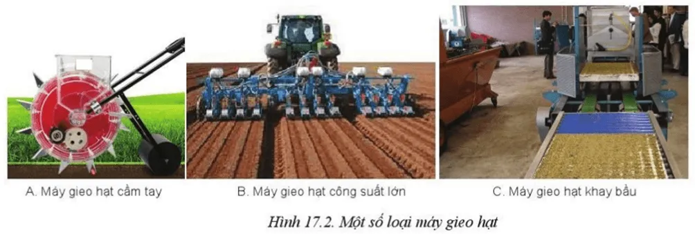 Quan sát các loại máy gieo hạt ở Hình 17.2 và cho biết để gieo hạt trực tiếp trên đồng ruộng Cau Hoi Trang 95 Cong Nghe 10 Cntt 2 144280