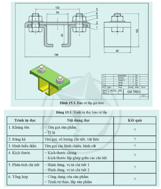 Đọc bản vẽ lắp hình 15.3 theo các bước trên Ghi lại kết quả đọc theo bảng 15.1 Luyen Tap Trang 74 Cong Nghe 10 Tkcn 144817